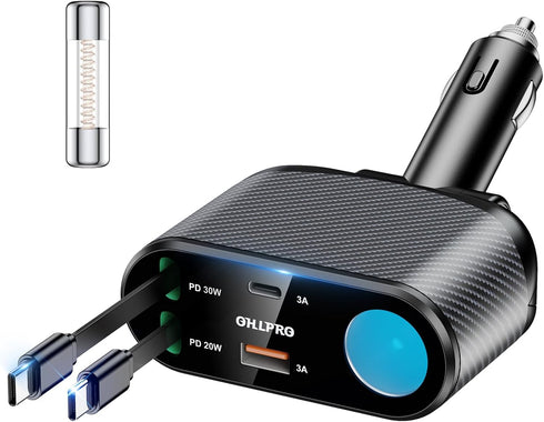 OHLPRO 5 in 1 Retractable Car Charger, 168W USB C Adapter with Dual USB Ports for Phone and iPad