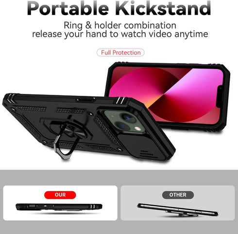 SunStory iPhone 13/14 Case (Black) - Military-Grade, HD Screen Protector, Slide Camera Cover & Kickstand.