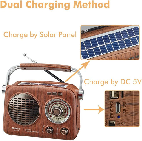 Gelielim Portable AM FM Shortwave Radio, Vintage Bluetooth Speaker with Rechargeable Battery, Small Gifts