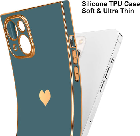 iPhone 13 Case, Square Luxury Plating Gold for Women Girls, Cute Love Heart Pattern Cover - Grey