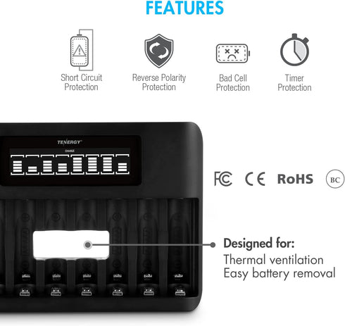 Tenergy TN480U 8-Bay 8pcs 1000mah LCD Display Fast Charger for NiMH/NiCD AA AAA Rechargeable Batteries with AAA