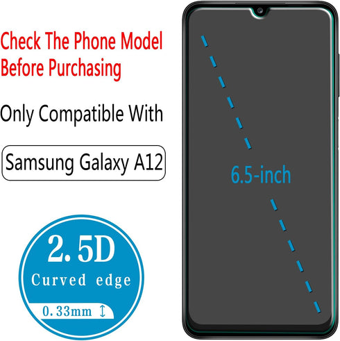 HPTech Screen Protector (2 Pack) for Samsung Galaxy A12, Tempered Glass, Anti-Scratch, Easy to Install, No-Bubble, Case