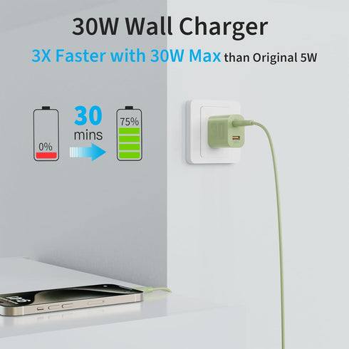 30W USB C GaN Charger for iPhone 15, Dual Port Fast Charging Block with Type C Charge Cable 5ft