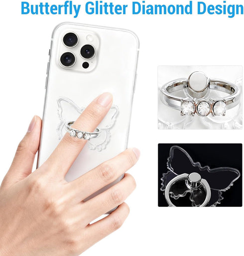 Kinizuxi 2PcsTransparent Diamonds,360Rotation Phone Ring Holder Grip, Clear Butterfly Cell Phone Ring Holder Stand