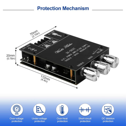 ZK-502T Bluetooth 5.0 Power Amp Audio Amplifiers Board, 2.0 Channel 50W+50W Mini Stereo Amplifier Module with Treble