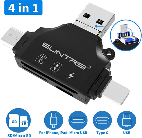 4 in 1 SD Card Reader for iPhone ipad Android Mac PC Camera,Micro SD Card Reader SD Card Adapter Portable Memory Card Reader Trail Camera Viewer Compatible for SD and TF Card by SUNTRSI