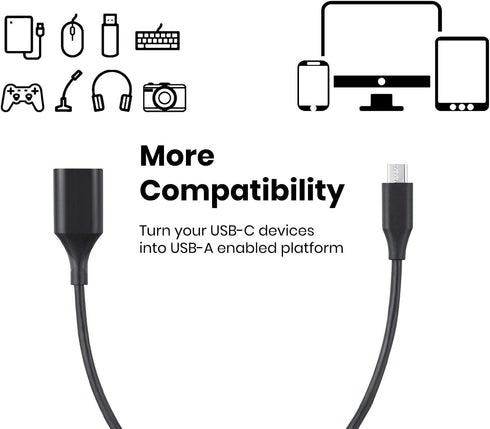 Perixx PERIPRO-403 USB Type-C Male to USB-A Female 1ft. Cable - USB2.0 Spec for Keyboard and Mouse Connection with Smartphone, Laptop, and Tablet - Black