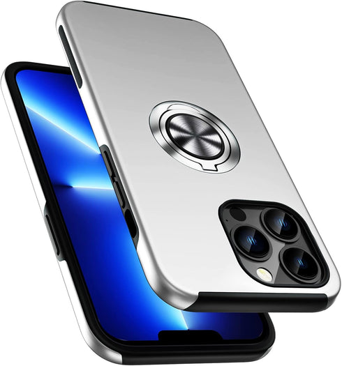 PELEPUES Shockproof Case for iPhone 13 Pro 6.1'', Military Grade Cover with Embedded Finger Ring & Metal Stand (Silver)