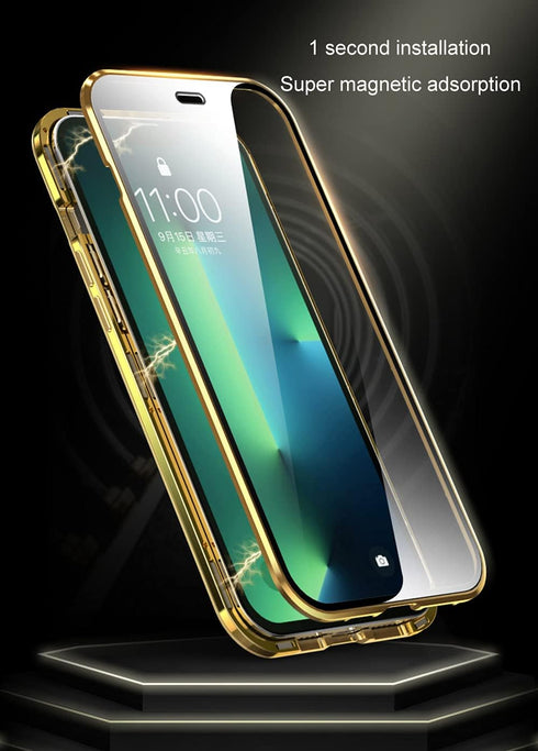 Case for iPhone 13 Pro Max with Screen and Camera Protector, Double Tempered Glass and Metal Frame Magnetic Cover - Blue