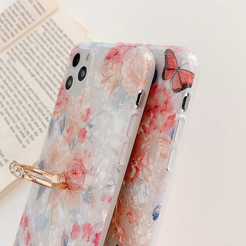 Qokey iPhone Xs Max Case 6.5 inch, Clear Flower Design with 360 Degree Rotating Ring Stand Holder - Rose Butterfly