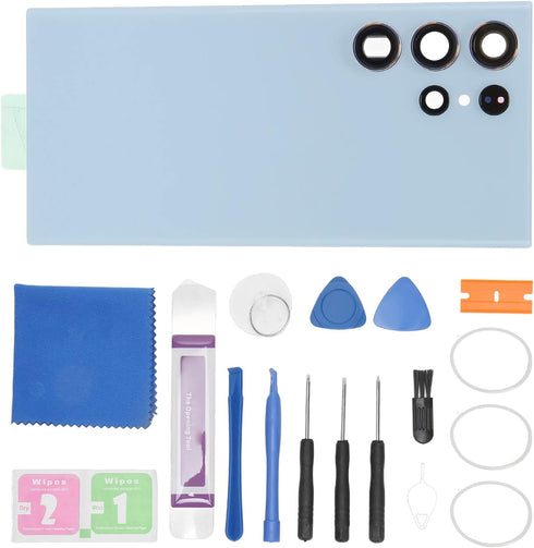 Back Glass Cover for Galaxy S23 Ultra, Replacement Back Door Cover with Camera Lens, Repair Tool Kit Included (Blue)