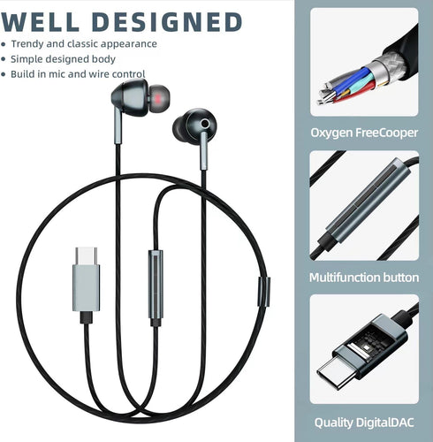 USB C Earbuds for Samsung Galaxy S23 FE S22 S21 S20, A53 A54, iPhone 15 Pro Max, Pixel 5 6 7 8 - In-Ear, Noise