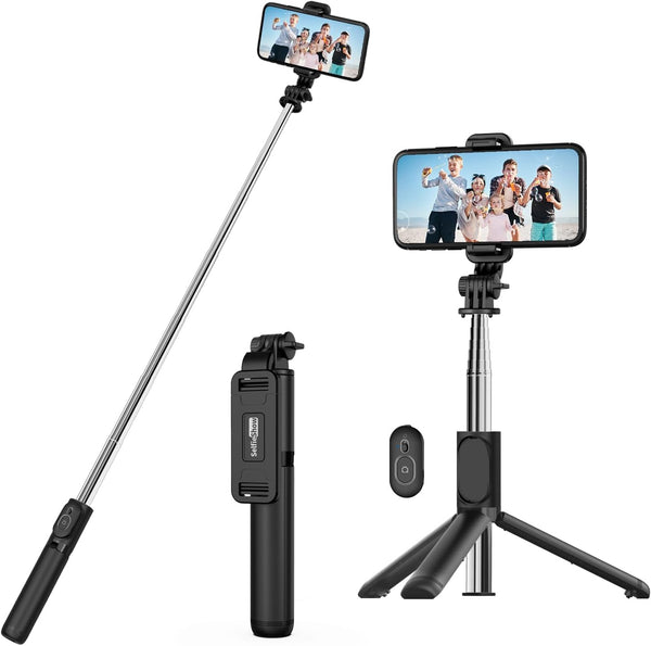SelfieShow Extendable Selfie Stick Tripod with Wireless Remote and Stand, Portable, Lightweight for iPhone 15 14 13 12