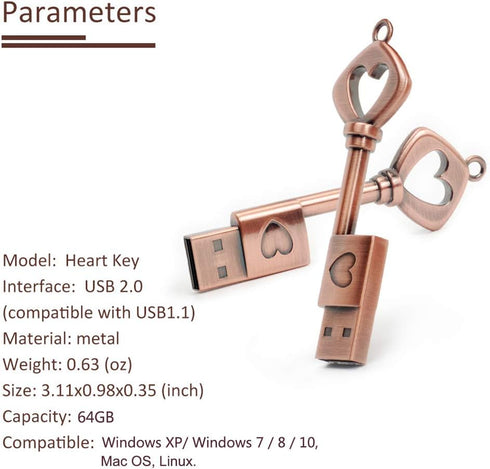 BORLTER CLAMP 64GB BorlterClamp USB Flash Drive Cute Memory Stick Heart Key Shaped Thumb Drive with Gift Box
