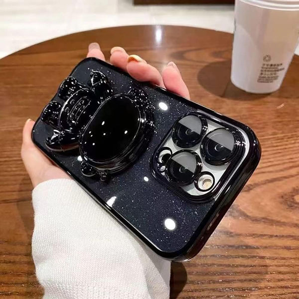 Astronaut iPhone 15 Case - Black Kickstand Cover with Camera Protector & Folding Bracket, Black Bumper & Back.