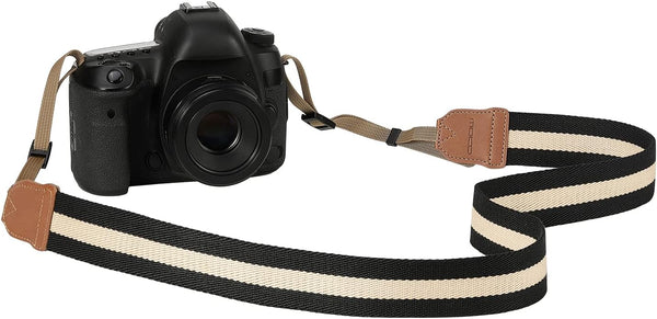 MoKo Cotton Woven Camera Strap, Adjustable Universal Neck & Shoulder Strap for Video Camcorder, Black & Beige