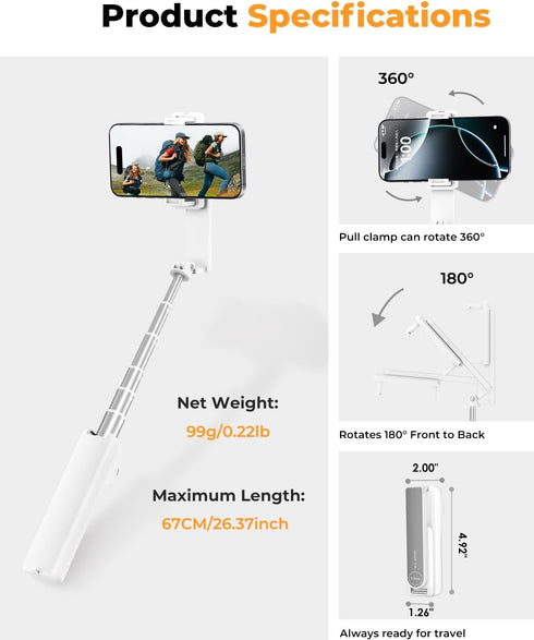 SupeDesk Selfie Stick with Wireless Remote Portable Selfie Stick for iPhone & Android, Lightweight Foldable Travel