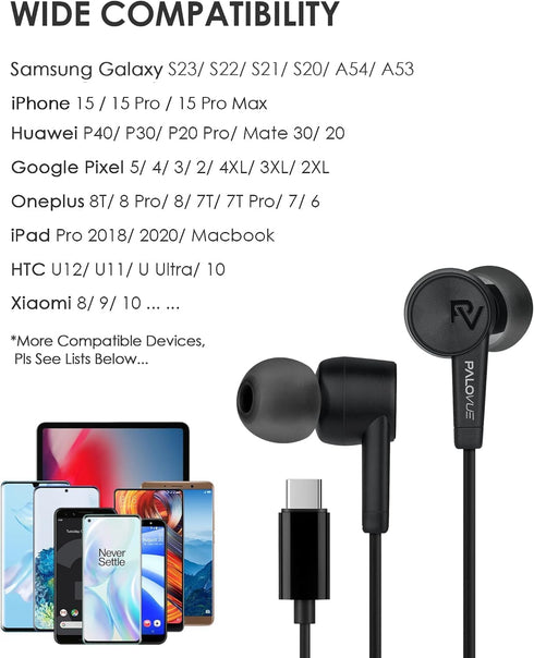 PALOVUE USB Type C Headphones - In Ear Earphones with Mic and Volume Control for Google Pixel, Samsung, Oneplus