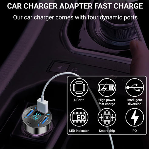 RDRKR 66W USB C Car Charger, 4-Port Cigarette Lighter Adapter, QC 3.0, PD, 2.4 A for Android/iPhone/Tablets