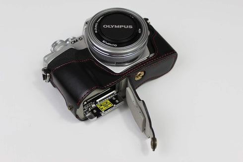 E-M10 Mark IV Case, BolinUS Handmade PU Leather Half Camera Case for Olympus OM-D E-M10 Mark IV with Hand Strap