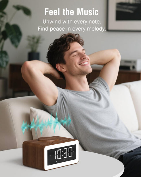 Alarm Clock with Wireless Charging, Bluetooth Speaker, White/Brown Noise Sound Machine Night Light, Wooden Digital