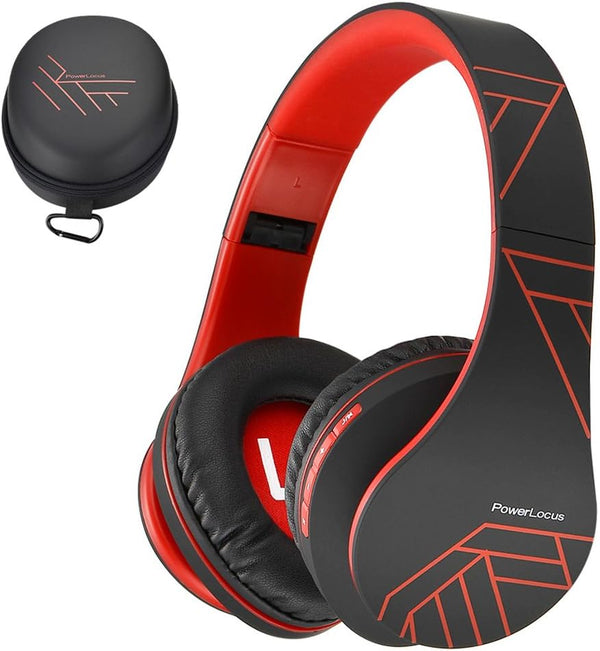 PowerLocus Bluetooth Over-Ear Headphones, Wireless and Wired Headsets with Built-in Mic, Micro SD/TF, FM (Black/Red)