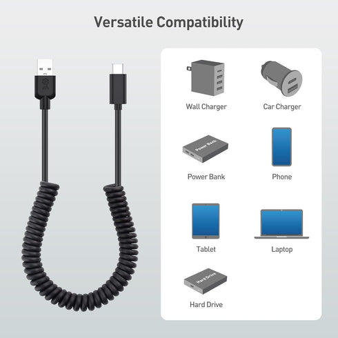 Cable Matters USB to USB C Coiled Cable with 3A/15W Fast Charging 1-4 Feet, Support for Apple CarPlay, Android Auto,