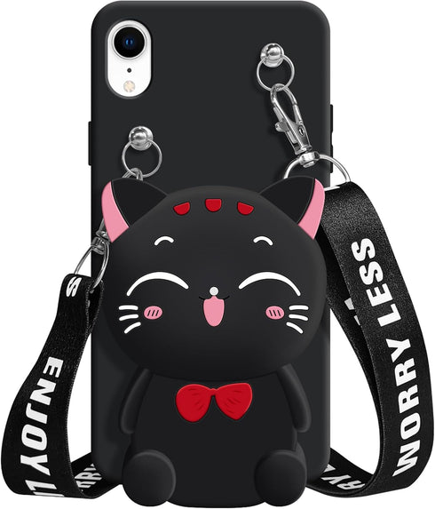 SGVAHY Wallet Case for iPhone XR, Cute Cat Black Coin Purse, Kawaii Soft Silicone Shockproof Cover