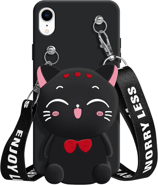 SGVAHY Wallet Case for iPhone XR, Cute Cat Black Coin Purse, Kawaii Soft Silicone Shockproof Cover