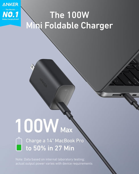 Anker Nano 100W Charger for MacBook, Foldable Charger for iPhone Series, USB C Devices, 6ft Cable