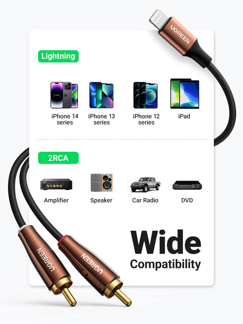 UGREEN MFi Certified Lightning to RCA Cable, 3FT, for iPhone 13 Mini Pro Max, iPad, Hi-Fi Stereo Audio Connector.