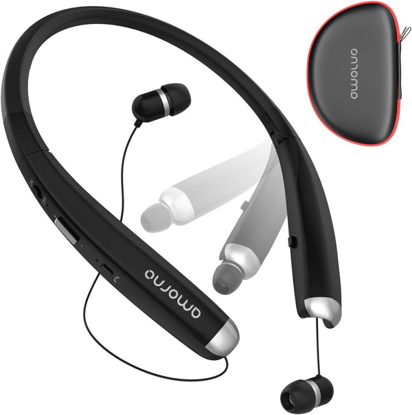 AMORNO Foldable Bluetooth Headphones, Wireless Neckband Sports Headset with Retractable Earbuds, Noise Cancelling, Black