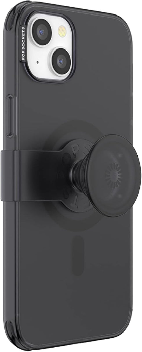Black Translucent PopSockets iPhone 14 Plus Case with Phone Grip and Slide, MagSafe Compatible.