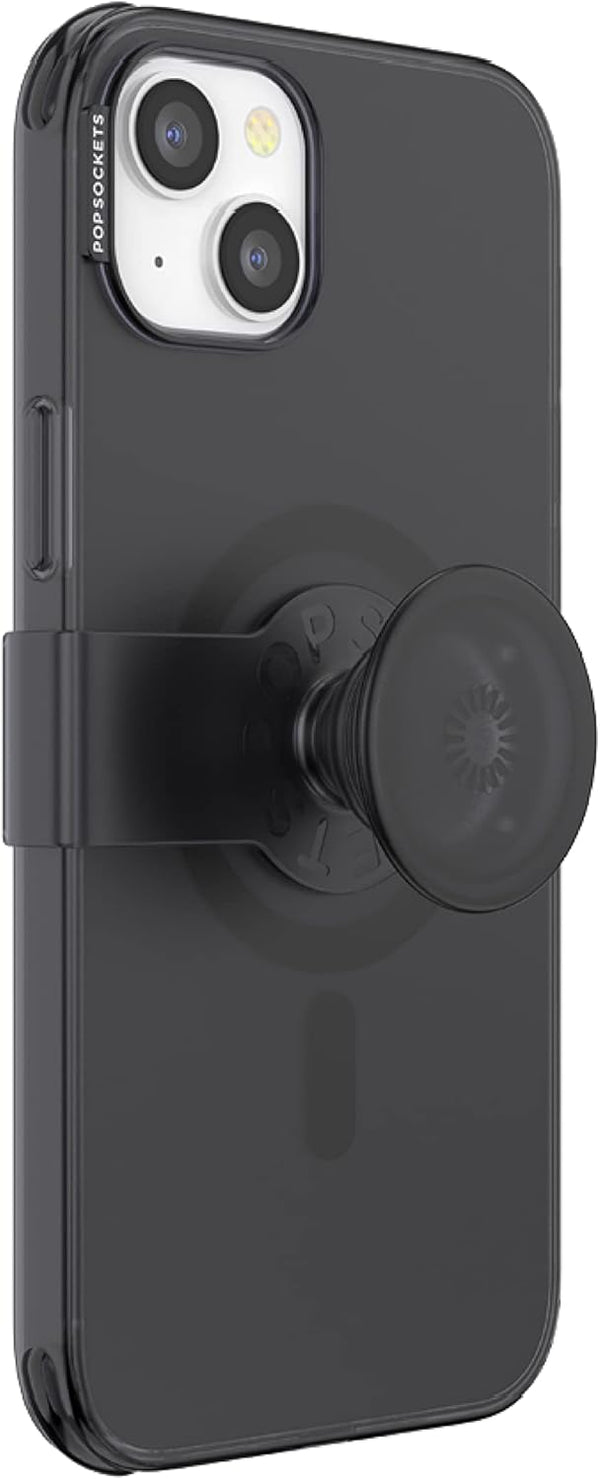 Black Translucent PopSockets iPhone 14 Plus Case with Phone Grip and Slide, MagSafe Compatible.