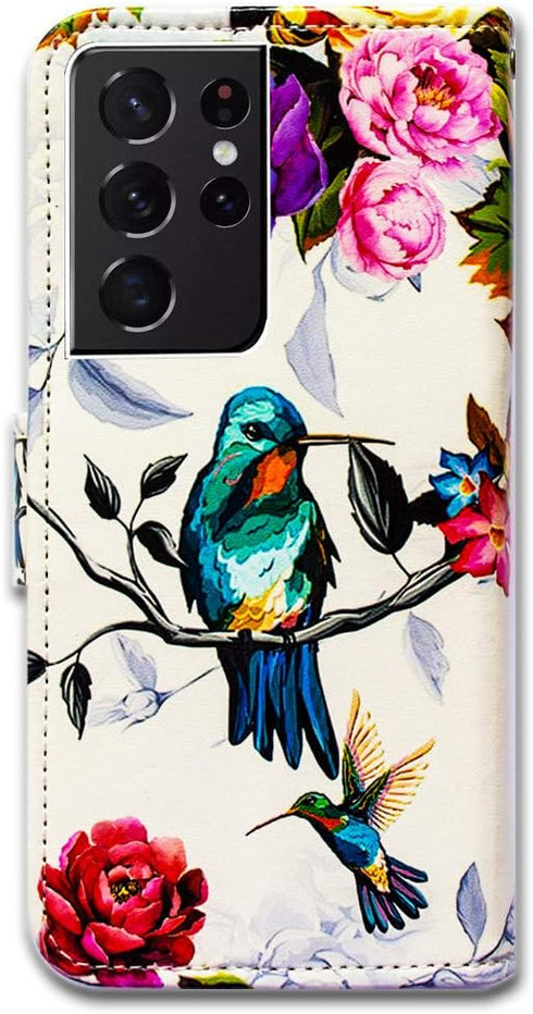 Hummingbird in Flowers Bird Leather Flip Phone Case Wallet for Galaxy S21 Ultra 5G with Card Slot Holder