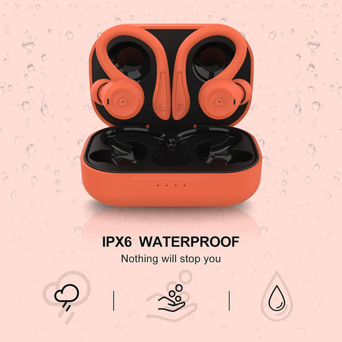 Orange Over Ear Wireless Earbuds, Bluetooth Earhooks for Running, Waterproof Noise Cancelling Headset for Sports