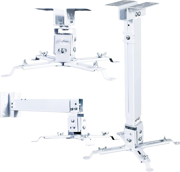 White Projector Ceiling/Wall Mount, Low Profile Universal Holder/Bracket/Hanger Kit with Adjustable Height Pole for
