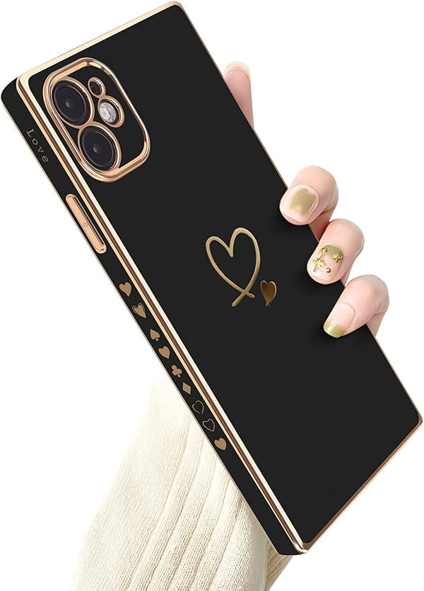 Luxury Square Case for iPhone 11, Cute Gold Love Heart Pattern Cover for Women & Girls - Black