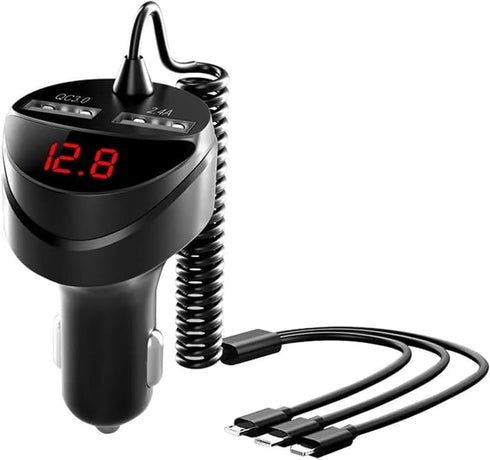 Retractable Car Charger 5 in 1 with Voltage Monitoring LED Display, 18W Car Phone Charger with Built-in Retractable