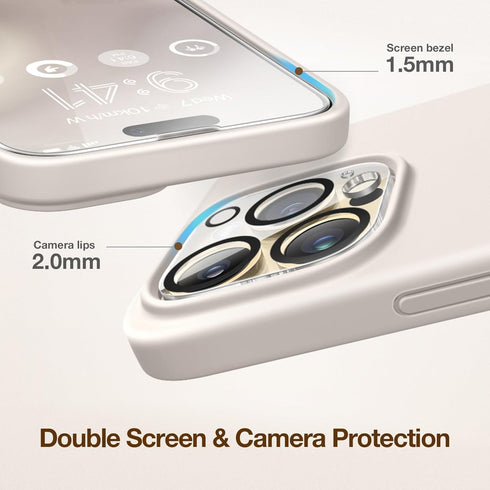 GONEZ iPhone 14 Pro Case - Shockproof Liquid Silicone Cover, 2 Screen Protectors & 2 Camera Lens Protectors, 6.1", Stone