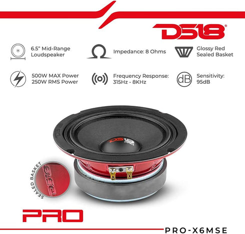 DS18 PRO-X6MSE Loudspeaker, 6.5" Midrange, 450W Max, 225W RMS, 8 Ohms, Premium Audio Door Speakers for Car or Truck
