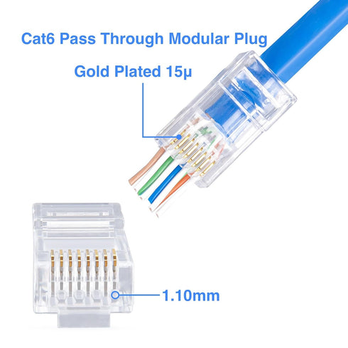 Cat6 Pass Through RJ45 Connectors,100-PACK Cat 6 Ends/Cat6 Connector/Cat6 RJ45 Modular Plugs(3-Prong Gold Plated 15 ),UTP Network Plug for Solid Strand Cable