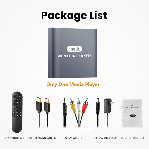 fnetic 4K MP4 H.265/HEVC, HD Digital Media Player, TV Video Player for USB Drive/Micro SD Card, Digital Signage, Auto