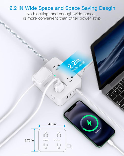 Surge Protector Power Strip, 15 Ft Long Cord with 8 Outlets and 4 USB Ports, Flat Plug for Home Office