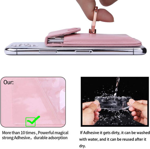Cell Phone Card Holder RFID Ring Stand Stick on Wallet for Back of Phone, iPhone, Android, All Smartphones - Pink