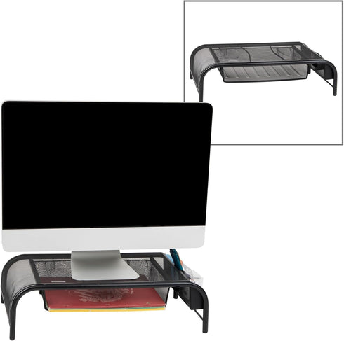 Mind Reader Monitor Stand, Set of 2, Ventilated Laptop Riser and Paper Tray, Metal Mesh, Black