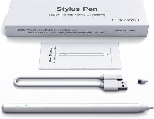 Active Stylus Pen, Rechargeable Stylus for iOS & Android Touchscreens, Dual Touch Screen Pencil, 16.5CM, White