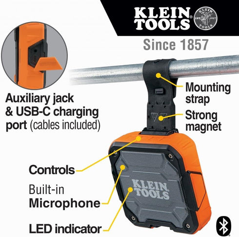 Klein Tools AEPJS2 Bluetooth Speaker, Wireless, Rechargeable, Magnetic Strip, 10 Hr Run Time, IP54