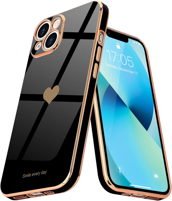 Teageo Compatible with iPhone 13 Case for Women Girl, Cute Love-Heart Luxury Bling Soft Back Cover for iPhone 13, Black