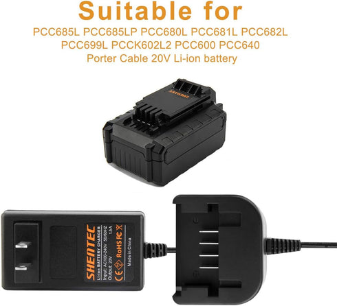 Shentec 20V Li-ion Charger - Compatible with Black & Decker & Porter Cable 20V Batteries